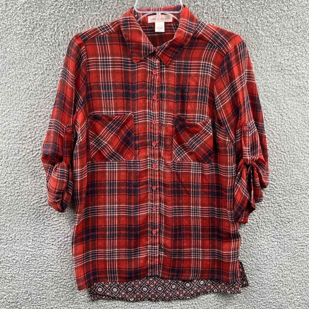 Womens Boho Blouse S Plaid Mixed Print Indie Lightweight Relaxed Casual Layering